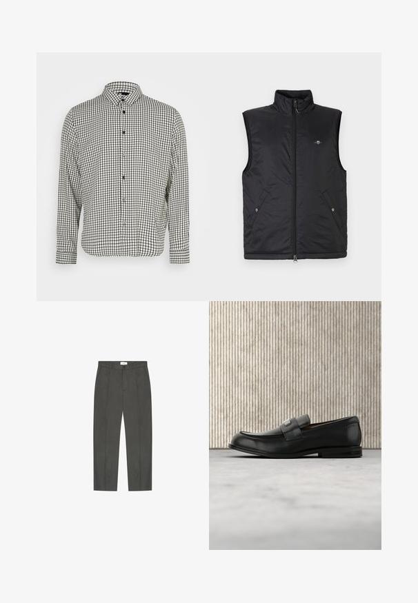 Veste sans manches noire en matière matelassée et légère. Elle présente un col montant, une fermeture éclair sur le devant et deux poches avant avec boutons-pression.; Chemise à boutons en noir et blanc à carreaux avec un col, des manches longues et un ourlet droit. Fabriquée dans un tissu léger et dotée de boutons noirs.; Pantalon gris foncé sur mesure avec plis à l'avant, passants pour ceinture, poches latérales et fermeture par bouton et fermeture éclair.; Mocassin en cuir noir avec une plaque de marque en métal reposant près d'une table ronde marron sur un sol recouvert de moquette beige.