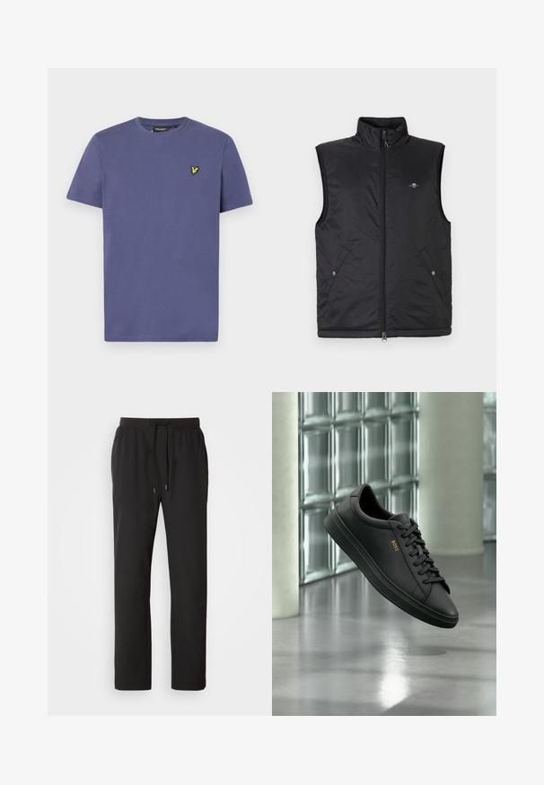 Veste sans manches noire en matière matelassée et légère. Elle présente un col montant, une fermeture éclair sur le devant et deux poches avant avec boutons-pression.; T-shirt en coton violet clair à manches courtes, col rond et avec un petit logo jaune brodé sur la poitrine.; Pantalons de jogging noirs en tissu léger, dotés d'une taille élastique avec cordons de serrage réglables et poches latérales. Texture lisse.; Baskets basses en cuir noir avec lacets noirs et logo BOSS doré sur le côté, flottant au-dessus d’un sol gris brillant dans un espace intérieur moderne.