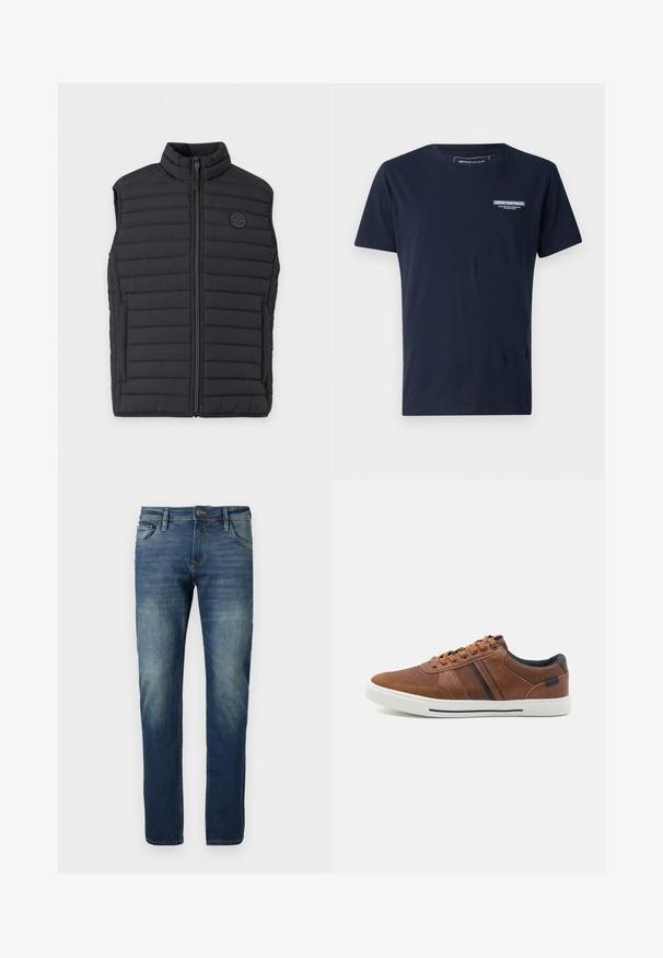 Sort quiltet ærmeløs vest med fuld lynlås foran, opretstående krave, sidelommer og et lille rundt logo på venstre bryst.; Mørkeblå bomulds t-shirt med rund hals, kortærmede og et lille broderet logo på brystet. Klassisk pasform og glat tekstur.; Blå denimjeans med lige ben, slidt fordybning, kontraststing, fem lommer og en knaplukning.; Brune lædersneakers med en glat overflade, hvid gummisål, sorte accenter og dekorativ syning med sidelæg.