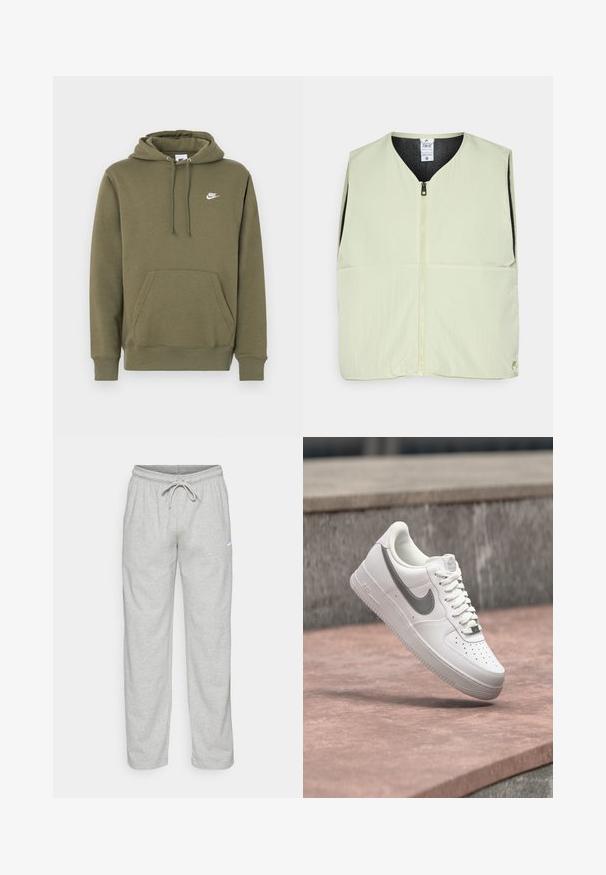 Lichtgroene mouwloze vest met een ritsluiting, v-halsontwerp, twee voorzakken en zwart interieur. Soepele textuur, lichtgewicht materiaal.; Olijfgroene hoodie met een voorvak, verstelbare capuchon met trekkoord en wit Nike-logo op de linkerborst. Zachte stof, geribbelde manchetten.; Lichtgrijze sweatpants van zachte stof. Heeft een elastische tailleband met trekkoord en een zwart Nike-logo op de linker bovenbeen.; Witte Nike Air Force 1 sneaker met grijs swoosh-logo zwevend boven een stenen oppervlak en een grijze stenen muur op de achtergrond.