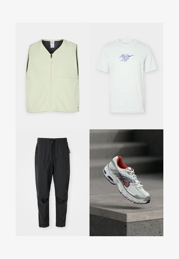 Hele roheline ilma varrukateta vest, millel on näpu sulgemine, V-kaelus, kaks esikäepidet ja must vooder. Sile tekstuur, kerge materjal.; Valge lühikeste varrukatega Nike T-särk sinise graafilise logoga ja "Nike Racing" tekstiga, mis on keskel rinnal.; Mustad mustad püksid elastse vöökoha, tõmbluku küljetaskute, artikeeritud põlvede ja pahkluude tõmblukkudega.; Valge ja hõbedane Nike jooksujalats, millel on punased aksendid, hõljub betoonserva kohal, näidates selle külje ja talla detaile.