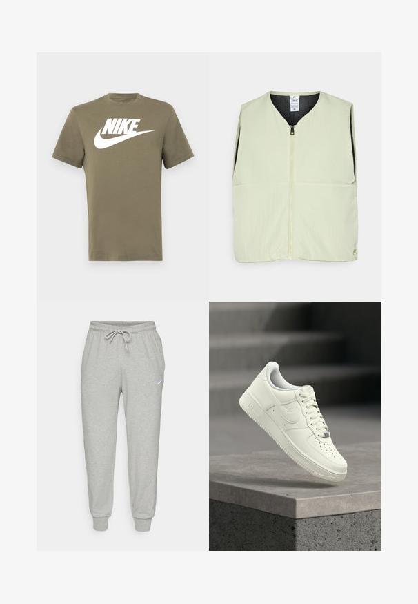 Chaleco sin mangas de color verde claro con cierre de cremallera, diseño de escote en V, dos bolsillos frontales y forro interior negro. Textura suave y material ligero.; Camiseta de manga corta verde oliva hecha de algodón, con un logo de Nike blanco y el característico swoosh impreso en el frente. Diseño simple con cuello redondo.; Pantalones jogger de forro polar gris con cintura elástica, cordón ajustable y puños en los bajos. Presentan un pequeño logo blanco en el lado izquierdo.; Zapatilla deportiva de cuero blanco con diseño de perfil bajo, superficie texturizada, perforaciones en la punta y detalles plateados en los cordones y la marca.