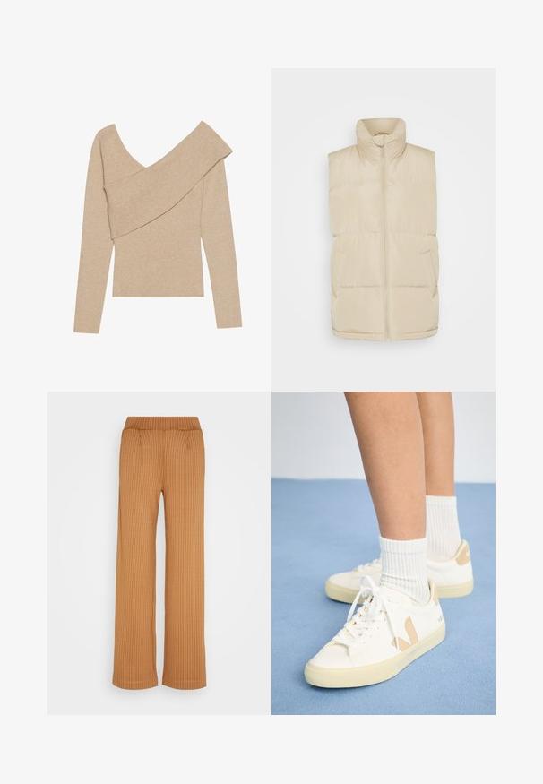ONLY ONLCALI PUFFERWAISTCOAT - Vesta - humus; Even&Odd by Zalando Svetrík - mottled beige; Hnedé široké nohavice s vertikálnymi bielymi pruhmi, s hladkým materiálom, plochým pásom a dvoma prednými skladmi pre väčší detail.; Biele tenisky s hnedými akcentmi, okrúhla špička a biele šnúrky. Nosia sa s rebrovanými bielymi ponožkami, na svetlomodrom pozadí.