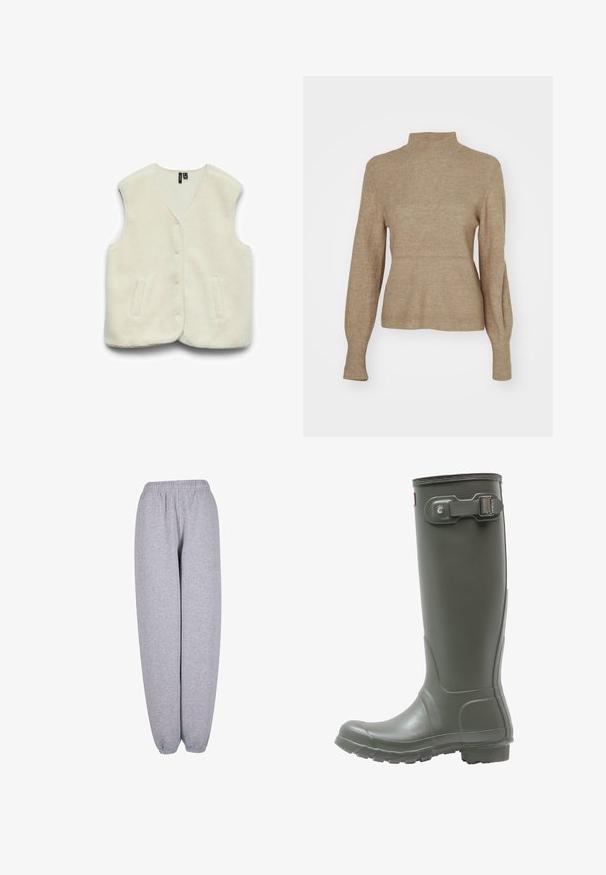 Cremefarvet ærmeløs fleecevest med frontknapper og to sidelommer, lagt fladt på en hvid baggrund.; Beige ribbet strikket sweater med høj hals og tætsiddende krop. Lange ærmer snævres ind ved håndleddene og fremhæver en blød tekstur og afslappet design.; Grå sweatpants lavet af blød stof, med en elastisk talje og manchetter, i en løs pasform og uden synlige mønstre eller hardware.; Grønne gummistøvler i knæhøjde med en tekstureret sål, rund tå, justerbar spænde på siden og glat finish.