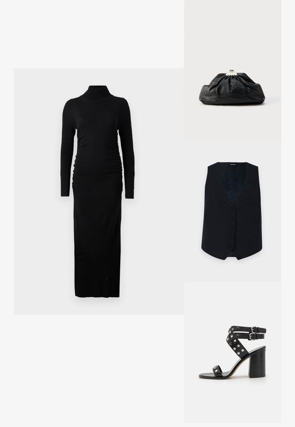 Navy-blaues, tailliertes Weste mit V-Ausschnitt, sechs vorderen Knöpfen und einer einzelnen Brusttasche. Glattes Material und gemustertes Innenfutter.; Schwarzes Kleid mit langen Ärmeln, das über einen gerippten Rollkragen, geraffte Seiten und eine gerade Maxilänge verfügt. Hergestellt aus weichem, dehnbarem Stoff.; Schwarze High-Heel-Sandale mit strukturierter Blockabsatz, doppelten Schnallen an den Knöchelriemen und silbernen, runden Nieten auf gekreuzten Riemen.; Schwarze Leder-Clutch mit geraffter Textur, Metallverschluss und dezentem, auf der Vorderseite geprägtem Logo. Abgerundete Form.