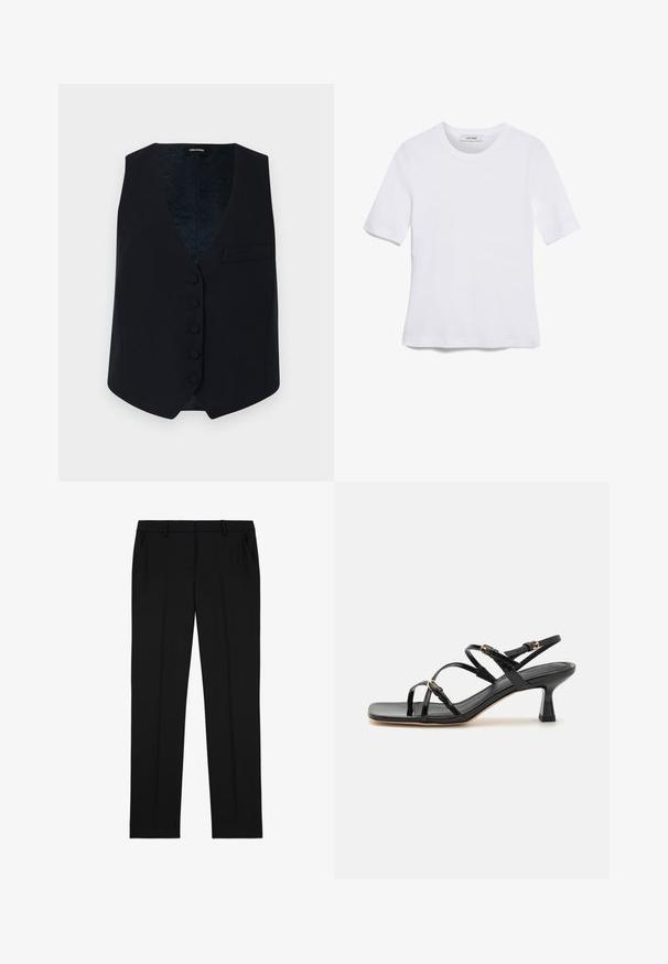 Gilet bleu marine ajusté avec un décolleté en V, six boutons sur le devant et une poche poitrine unique. Tissu lisse et doublure intérieure à motifs.; T-shirt blanc à manches courtes en tissu côtelé. Col rond, coupe régulière et détails de couture subtils. Aucune motif ni graphique.; Pantalons noirs sur mesure avec une texture lisse, présentant une taille plate, deux poches latérales et un design classique à jambe droite.; Sandales à strapes en cuir verni noir avec un bout carré et un petit talon carré. Présente des accessoires en métal doré et des brides de cheville réglables.