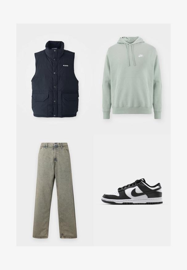 Chaleco acolchado azul marino con cuello alto, botones de presión y dos bolsillos frontales. Presenta una textura acolchada y un logotipo en el pecho.; Sudadera verde clara hecha de tela suave, con un bolsillo frontal, capucha con cordón y un logo blanco de Nike en la parte superior izquierda.; Jeans de denim de pierna ancha en un color gris desgastado, con cierre de botón y diseño tradicional de cinco bolsillos con detalles de costura visibles.; Zapatillas Nike Dunk en blanco y negro con parte superior de cuero, puntera perforada, cordones negros y suela de goma negra con diseño de tracción.