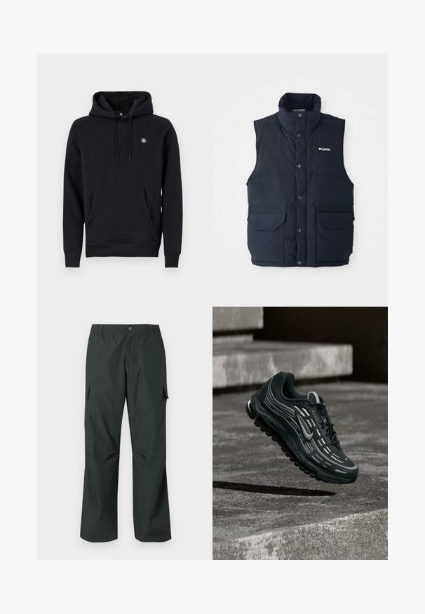 Mørkeblå puffervest med høj krave, trykknapper og to frontlommer. Har en quiltet struktur og et logo på brystet.; Sort hætte sweatshirt lavet af en bomuldsblanding. Har en front kangaroo lomme, ribbede manchetter og et lille logo på brystet.; Mørkegrøn cargo bukser med en afslappet pasform, elastisk talje, sydde lommer og en glat, let stofstruktur.; Sort og grå Nike Air Max sneaker, der flyder over grå betontrin med tekstureret jordbaggrund.