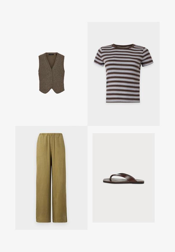 Brun ribbet strikvest med V-udskæring, ærmeløs design og spids kant. Har et struktureret mønster og en ensfarvet indre foring.; Brun og hvid kortærmet crop top med horisontale striber og rund hals på en ensfarvet baggrund.; Khaki brede benbukser med elastisk talje, lavet af blødt bomuldsstof. Har sidespalter og et lige snit, hvilket giver en afslappet pasform.; Brun læder-flipflop sandal med en enkel thong-rem og flad sål vist fra siden på en hvid baggrund.