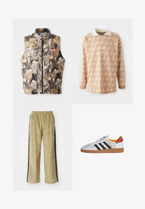 Camouflage-mønsteret ærmeløs vest i jordfarver som brun, beige og sort. Har en frontlynlås og flere cargo-lommer. Rød logo-detalje.; Langærmet skjorte i en lys ferskenfarve med et geometrisk mønster. Har en hvid krave og tre creme striber på hver ærme.; Beige fløjsbukser med elastisk talje, der har sorte side-striber. Stoffet har en ribbet tekstur og er let flagrende forneden.; Hvid Adidas Spezial sneaker med sorte striber, gummisål, quiltet mønster, rød hælflap og gul inderfor, set fra siden.