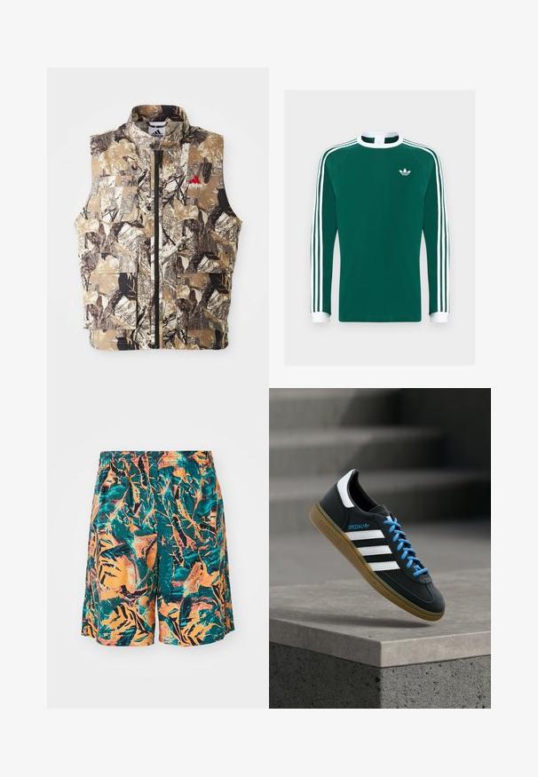 Camouflage-mønsteret ærmeløs vest i jordfarver som brun, beige og sort. Har en frontlynlås og flere cargo-lommer. Rød logo-detalje.; Langærmet grøn bomulds skjorte med hvid krave og manchetter, prydet med tre hvide striber på hver ærme og et lille hvidt logo på brystet.; Badetights med et mønster af orange, teal og sorte jungleblade, lavet af letvægtsstof med en elastisk talje for komfort.; Sort Adidas sneaker med hvide striber, blå snørebånd og gummisål, der svæver over gråt betontrin i blødt lys.