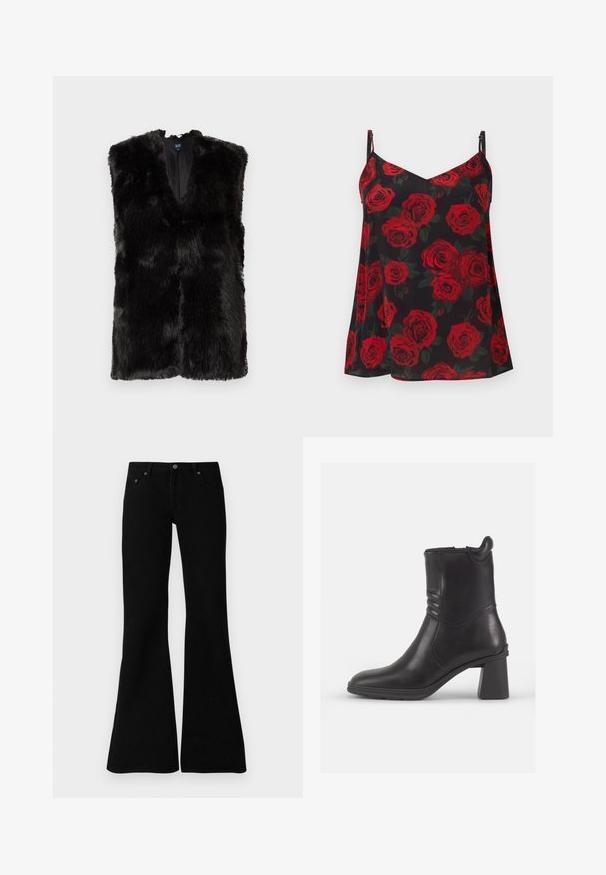 Must tumedega vale faux fur vest, millel on V-kujuline kaelus ja sile sisemine vooder, eksponeeritud valge taustal.; Mustast kamisoolist, millel on punase roosimustriga, õhukesed reguleeritavad rihmad ja V-kaelus. Kerge, voolava lõikega kangas pehme tekstuuriga.; Musthave mustad teksast valmistatud mustad laiad teksapüksid, millel on klassikaline viie tasku disain, nööp sulgemine ja peened õmblused õmblustel.; Musta nahast pahkluu saabas ümmarguse varba, tekstuursete külgpaneelide ja jämeda plokknõela. Sile viimistlus ja minimalistik disain.