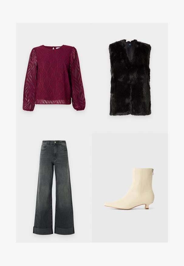Gilet sans manches en fausse fourrure noire avec col en V et doublure intérieure lisse, présenté sur un fond blanc.; Blouse bordeaux à manches longues transparentes, ornée d'un motif de feuilles en broderie et d'un col rond avec une fermeture par un trou de clé au dos.; Jeans larges noirs taille haute avec ourlets retroussés, bouton frontal et poches, présentés sur un fond clair uni.; Bottine beige en cuir lisse, bout pointu, petit talon carré et fermeture éclair latérale pour un enfilage facile.