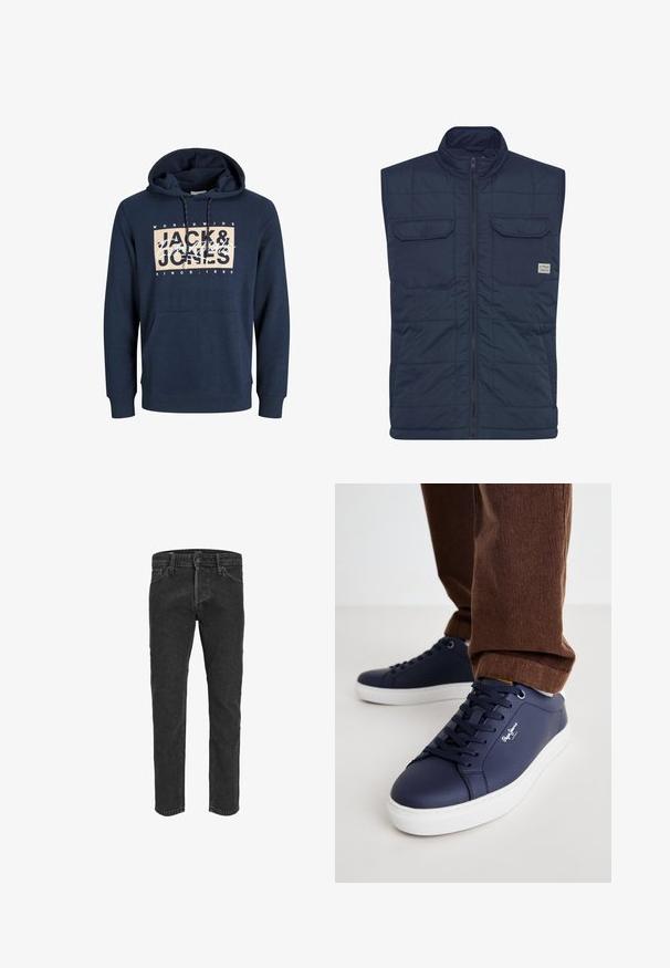 Marineblauwe gewatteerde vest met een hoge kraag, ritssluiting aan de voorkant en twee borstzakken met drukknoopjes. Duurzaam materiaal en een soepele textuur.; Marineblauwe hoodie van een katoenmix, met een voorste kangoeroezak, een capuchon met trekkoord en een bedrukt logo op de borst.; Zwarte denim jeans met een rechte pasvorm, vijf zakken en riemlussen, met een licht vervaagde textuur en contrasterende stiksels.; Marine leren sneakers met een witte rubberen zool, ronde neus en een minimalistisch ontwerp. Heeft een vetersluiting aan de voorkant en subtiele branding aan de zijkant.