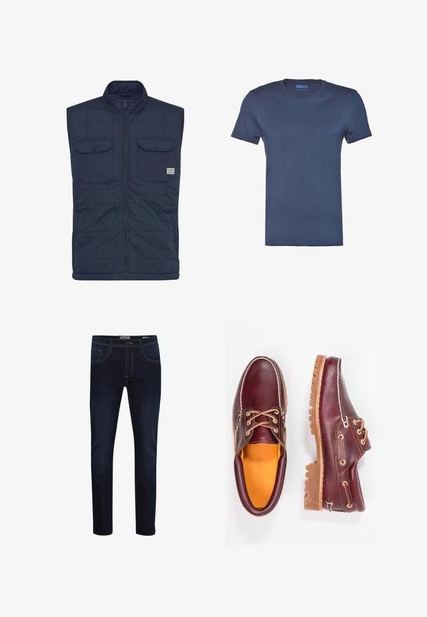 Chaleco acolchado azul marino con cuello alto, cierre frontal con cremallera y dos bolsillos en el pecho con botones a presión. Tejido duradero y textura suave.; Camiseta de algodón azul marino con cuello redondo, mangas cortas y una textura lisa y sólida. Sin patrones ni detalles de hardware visibles.; Pantalones vaqueros de mezclilla azul oscuro con un corte ajustado, que presentan costuras amarillas, diseño de cinco bolsillos y cierre de cremallera. Textura suave, corte moderno.; Zapatos de cuero burdeos con suelas de goma marrón, puntera redonda, costuras blancas y ojales dorados. El interior cuenta con un forro amarillo.