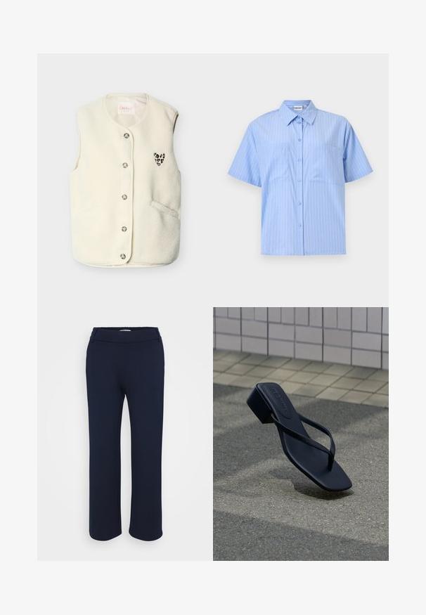Chaleco de forro polar blanco con escote redondeado, botones metálicos y un pequeño parche con forma de corazón de estampado de leopardo en el lado izquierdo. Cuenta con bolsillos laterales.; Camisa de manga corta azul claro con botones, rayas verticales blancas y dos bolsillos en el pecho, mostrada sobre un fondo neutro.; Pantalones rectos de color azul marino, confeccionados en una tela elástica, que cuentan con una cinturilla plana y dos bolsillos laterales para mayor funcionalidad.; Sandalia de cuero negro con tira en forma de T y tacón bajo y ancho sobre suelo de asfalto cerca de pared con azulejos.