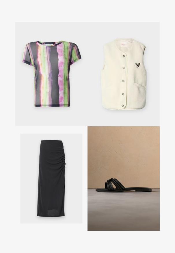 Hvid fleecevest med rund halsudskæring, metal knapper og et lille leopardprint-hjerte på venstre side. Har sidelommer.; Kortærmet T-shirt lavet af transparent stof, der har et farverigt akvarelstribemønster i grønne, pink og lilla nuancer.; Sort midi-nederdel med elastisk talje og rynket detaljeret samling på højre side.; Sort flad slidesandal med flere remme og dekorativ spænde, der svæver over et beige tæppe i en moderne stue.