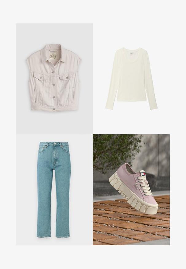 Gilet en denim coupé en blanc cassé, avec un col classique, des poches avant à rabat et des boutons en métal argenté. Texture lisse.; Haut blanc à manches longues avec un col rond côtelé, portant une étiquette Calvin Klein à l'intérieur du col, présenté sur un fond blanc uni.; Jeans bleu clair taille haute avec une coupe droite. Fabriqués en denim, comportent des poches frontales et une fermeture à bouton.; Baskets basses rose clair avec une épaisse semelle blanche épaisse et des lacets blancs, présentées en extérieur sur une surface en bois et galets.