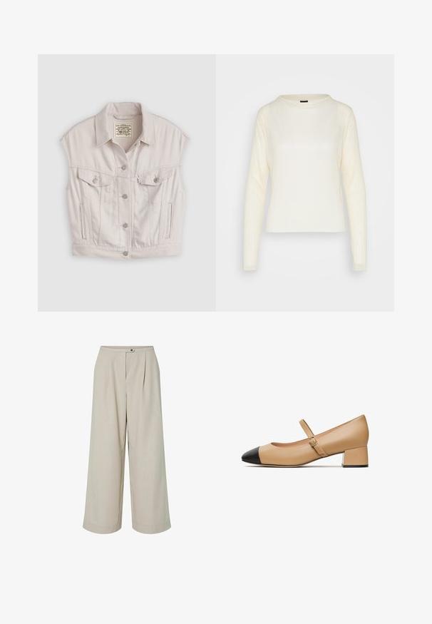 Afklippet denimvest i off-white, med klassisk krave, forlommer med klapper og sølvfarvede knapper. Glat tekstur.; Gina Tricot MALIN - Langærmet T-shirt - ecru; Beige vidde bukser med høj talje, frontknap og lynlås lukning, samt stikninger ved kanten.; Beige læder Mary Jane-sko med sort kappe, lav blokhælsstøtte og et tyndt justerbart strop. Glat tekstur, enkelt design.