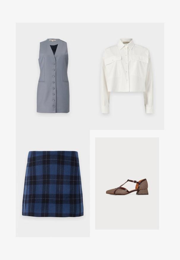 Robe sans manches gris avec un décolleté en V, présentant une fermeture à boutons, des poches latérales et une coupe cintrée. Fabriquée dans un tissu lisse avec une texture subtile.; Chemise blanche raccourcie à manches longues avec deux grandes poches avant à rabat et un col pointu sur un fond uni.; Jupe mini en tartan bleu foncé et marine, fabriquée en tissu doux avec une finition légèrement texturée. Présente une coupe droite et des lignes épurées.; Chaussure marron à talon bas avec des pois, bride en T et boucle latérale sur un fond blanc uni.