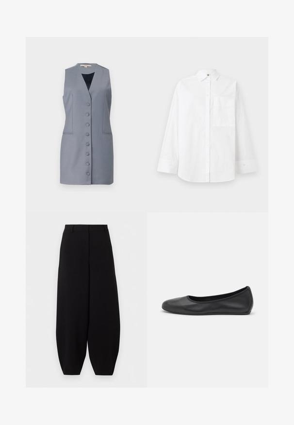 Robe sans manches gris avec un décolleté en V, présentant une fermeture à boutons, des poches latérales et une coupe cintrée. Fabriquée dans un tissu lisse avec une texture subtile.; Chemise blanche à boutons en coton. Caractéristiques : manches longues, col, et une poche poitrine. Texture lisse, design classique.; Pantalon noir à jambes larges et courtes, taille haute, sans poches visibles ni ornements.; Ballerines en cuir noir avec un bout rond, texture lisse, détails de couture minimalistes et design de semelle flexible.