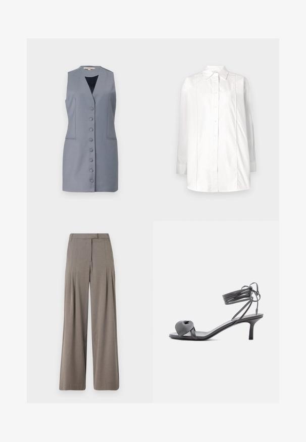 Robe sans manches gris avec un décolleté en V, présentant une fermeture à boutons, des poches latérales et une coupe cintrée. Fabriquée dans un tissu lisse avec une texture subtile.; Chemise blanche à manches longues en coton, avec un col classique, une fermeture à boutons sur le devant et des détails de pintucks verticaux sur le buste.; Pantalons à jambe large en tissu marron clair, dotés de plis, d'un devant plat et d'un ourlet net. Texture lisse avec un léger éclat.; Sandale à talon en cuir gris avec une bride nouée sur les orteils et des lacets enroulants autour de la cheville, sur un talon moyen et fin, sur fond blanc.