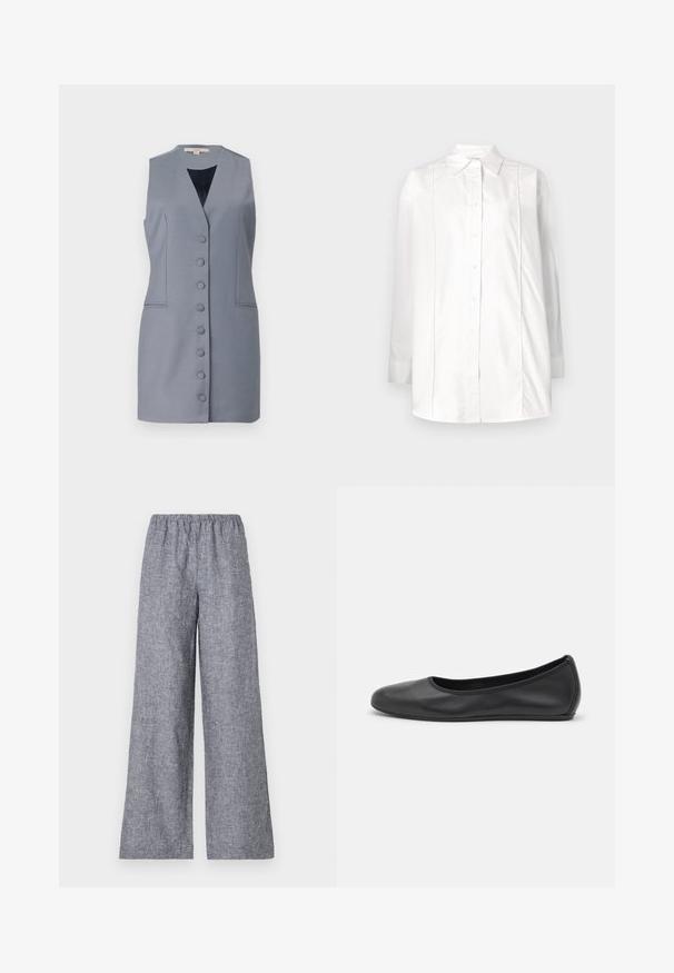 Vestido gris sin mangas con escote en V, que cuenta con un botón en el frente, bolsillos laterales y un ajuste entallado. Fabricado con una tela suave con una textura sutil.; Camisa blanca de manga larga hecha de algodón, con cuello clásico, cierre frontal de botones y detalles de pliegues verticales en el torso.; Pantalones de pierna ancha en una tela gris texturizada. Cuentan con una cintura elástica para mayor comodidad. El diseño es minimalista, sin patrones o acentos visibles.; Bailarina de piel negra con punta redondeada, textura suave, detalle de costura minimalista y diseño de suela flexible.