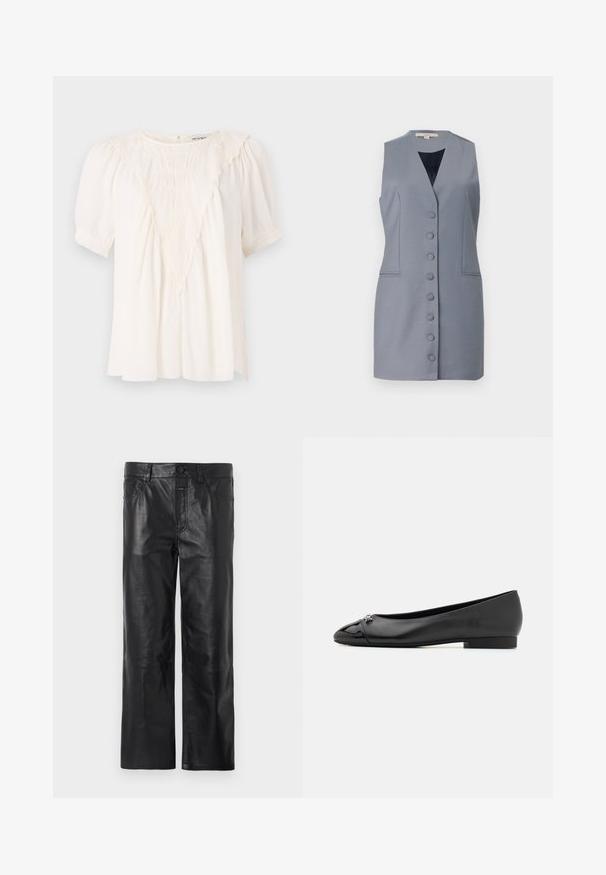 Haalari harmaa mekko ilman hihoja, jossa on V-pääntie, nappilukko edessä, sivutaskut ja muotoiltu leikkaus. Valmistettu sileästä kankaasta, jossa on hienovarainen pinta.; Vaalean kerma blouse, joka on valmistettu tekstuurista kankaasta ja jossa on V-muotoinen röyhelötyö yksityiskohtana edessä, lyhyet puffi hihat ja rento malli.; Mustat nahkahousut suoran lahkeiden suunnittelulla, joissa on napilla suljettava vyötärö ja taskut, sileä pinta ja näkyvät ompelusaumat.; Musta balettikengät, joissa on kiiltävä kärkikappale, sulava nahkapäällinen ja matala, neliönmuotoinen korko. Varressa on pieni koristeellinen yksityiskohta.