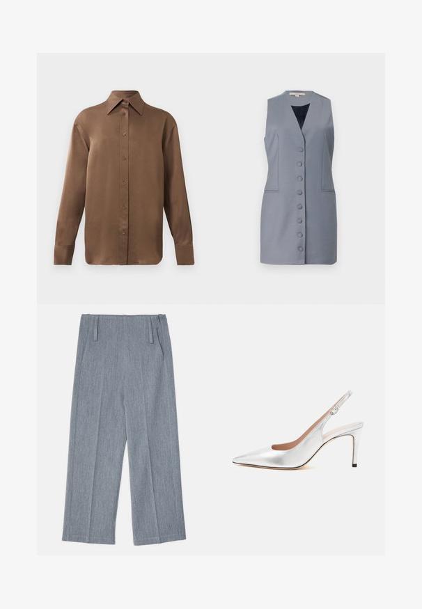 Vestido gris sin mangas con escote en V, que cuenta con un botón en el frente, bolsillos laterales y un ajuste entallado. Fabricado con una tela suave con una textura sutil.; Camisa de botones de manga larga marrón con cuello y puños puntiagudos, exhibida sobre un fondo blanco liso.; Pantalones de pierna ancha en gris claro, hechos de una tela texturizada, que presentan dos pliegues frontales y dos bolsillos laterales. Diseño limpio y a medida.; Zapato de tacón alto slingback plateado con punta afilada, hebilla y tacón fino de altura media.