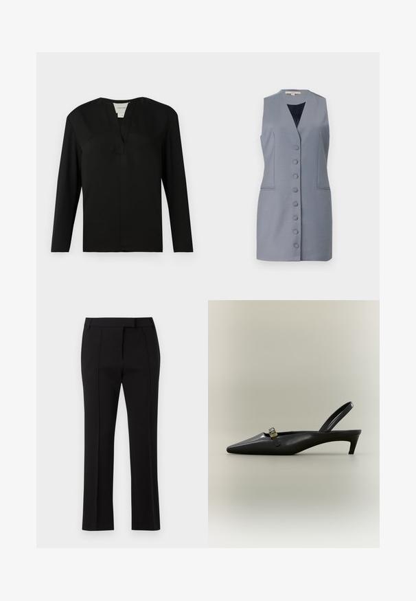 Robe sans manches gris avec un décolleté en V, présentant une fermeture à boutons, des poches latérales et une coupe cintrée. Fabriquée dans un tissu lisse avec une texture subtile.; Haut noir à manches longues en tissu lisse. Présente un col en V et un design minimaliste avec une coupe droite et sans ornements.; Pantalon noir ajusté en tissu lisse, avec taille mi-haute, plis à l'avant et coupe droite.; Escarpin slingback en cuir noir avec talon kitten, bout pointu et petite boucle dorée sur un fond uni.