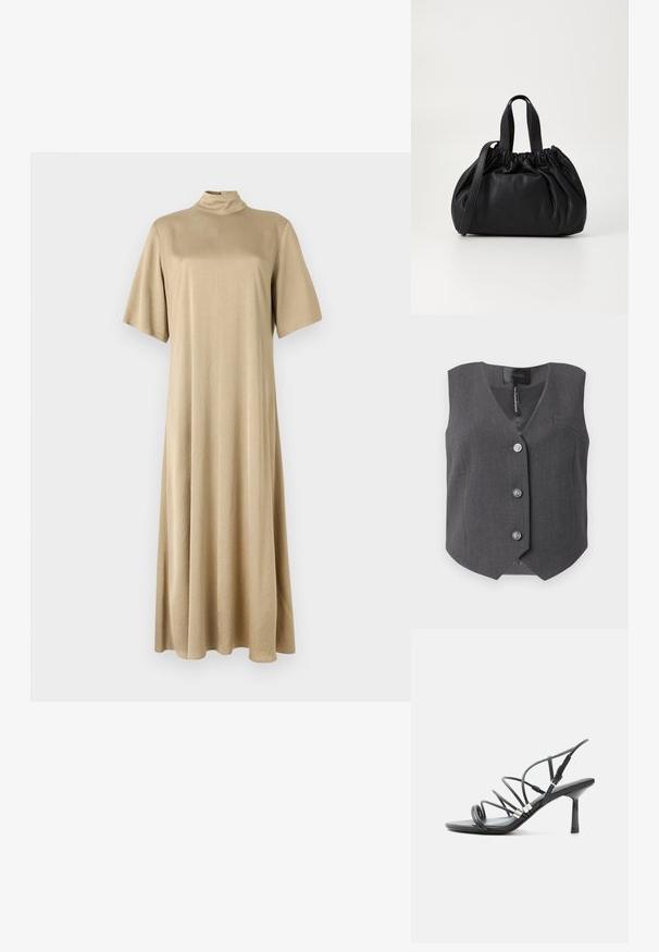 Grå ærmeløs vest med v-hals, fem sølvknapper, struktureret skulderdesign og en enkelt brystlomme. Stoffet har en subtil tekstur.; Beige, knælængde kjole med høj hals og korte ærmer. Lavet af glat stof, med en afslappet pasform og et enkelt design.; Sort højhælet sandal med tynde buede remme, sølv accenter og en justerbar ankelspænde på en hvid baggrund.; Sort læderhåndtaske med en samlet topdesign, der har to korte håndtag og en lang justerbar rem. Glat overflade, rund form.