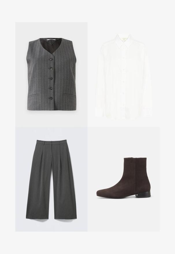 Grijs streepvest met vijf zwarte knopen en twee zijvakken, met een V-hals en mouwloze ontwerp.; Witte blouse met lange mouwen, knoopsluiting voor, een klassieke kraag en een reguliere pasvorm. Gemaakt van gladde stof, met acht knopen aan de voorkant.; Grijze wijde broekspijpen gemaakt van een gestructureerde stof met verticale strepen. Voorzien van plooien aan de voorkant en een standaard tailleband.; Donkerbruine suède enkellaars met lage blokhak en zijrits, strak afgeronde neus, op een effen lichte achtergrond.