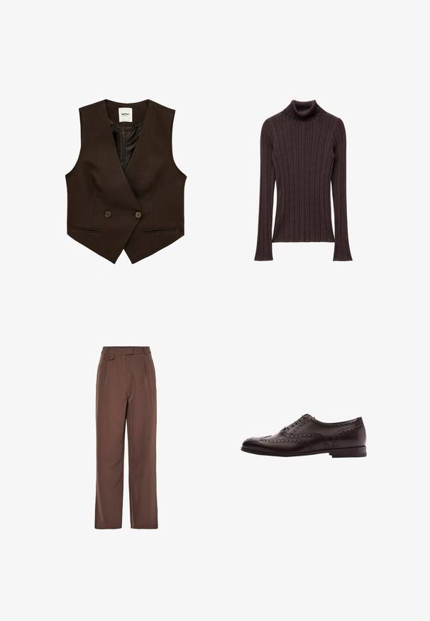 Mørkebrun ærmeløs vest med to forreste knapper og to små horisontale lommer, foret indvendigt, mærket Koton Business.; Mørkebrun ribbet turtleneck sweater med en tæt siddende krave og lange ærmer, der har en struktureret tekstil og lige kant.; Brune vævede bredbenede bukser med høj talje, frontfolder og knapdetalje. Glat tekstur med en skræddersyet design.; Brune læder dress sko med brogue-detaljer, snørebånds lukning, rund tå og en lav stablet hæl. Poleret finish og indviklede perforeringer.