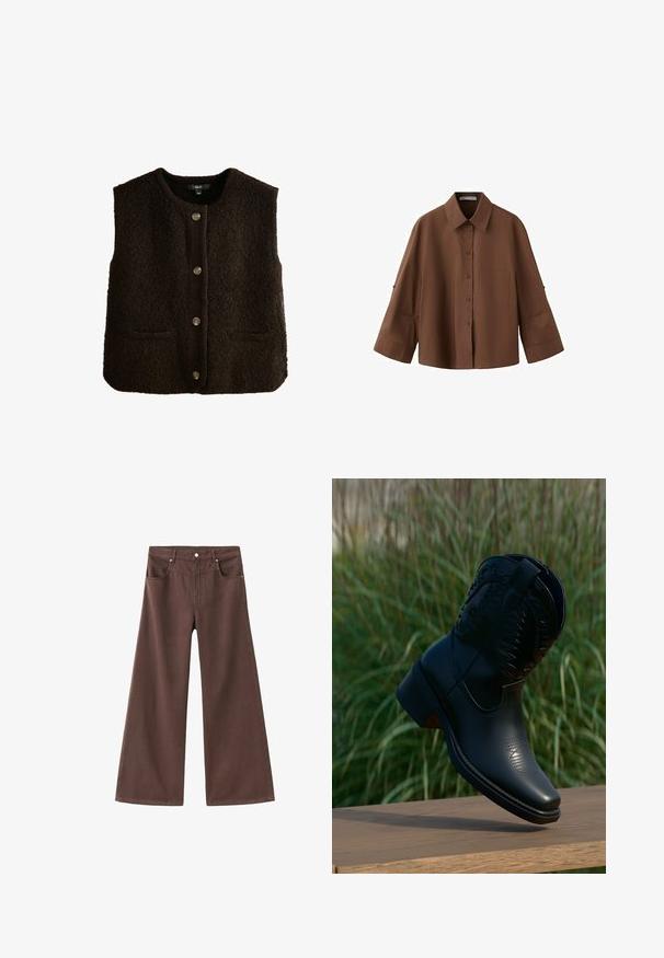 Braune Fleece-Weste mit rundem Ausschnitt, vorderer Knopfverschluss und zwei Seitentaschen. Verfügt über eine dezente Textur und metallische Knöpfe.; Braunes Hemd mit Knopfleiste, langen weiten Ärmeln und Brusttasche, ausgestattet mit einem klassischen Kragen und legerer Passform.; Braune, weite Jeans aus Denim. Verfügt über fünf Taschen, einen Reißverschluss und Metallnieten. Glatte Textur und klassisches Design.; Schwarzer Leder-Cowboystiefel mit dekorativer Naht, leicht erhöht über einer Holzoberfläche, im Hintergrund unscharfes grünes Gras.