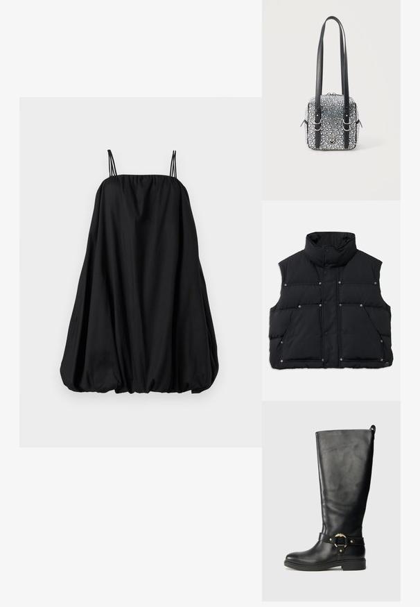 Sort, ærmeløs puffervest med høj krave, trykknaplukning og to frontlommer. Glat tekstur og quilted design.; Sort kjole med tynde stropper, løs ballonform og en rynket halsudskæring. Fremstillet af blødt stof med en glat tekstur uden synlige mønstre.; Høj sort læderstøvle med lav hæl og dekorativt guld-ring- og rem-detalje omkring anklen.; Firkantet sort håndtaske dækket af sølvnitter med to lange sorte læderstropper og sølvspænder.