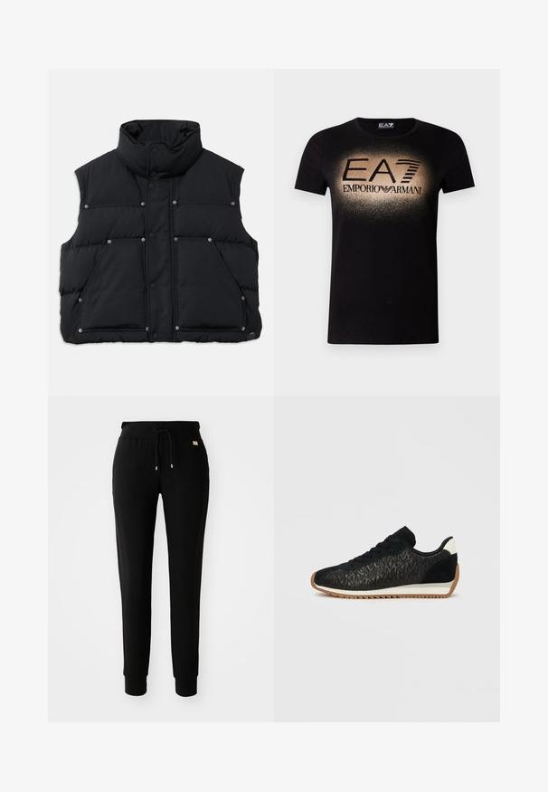 Sort, ærmeløs puffervest med høj krave, trykknaplukning og to frontlommer. Glat tekstur og quilted design.; Sort t-shirt i bomuld med et gradient guldlogo og teksten "EA7 EMPORIO ARMANI" i fed skrift tværs over brystet. Korte ærmer.; Sorte tapered sweatpants med snøre i taljen og manchetter ved anklerne, præsenteret på en simpel hvid baggrund.; Sort sneaker med tekstureret overdel, der har et geometrisk mønster, ruskindsdetaljer og en sål i gummimateriale. Hvid hældetalje.