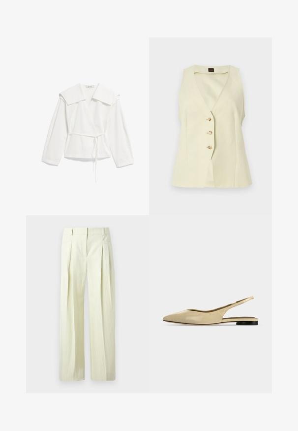 Gilet sans manches couleur crème avec col en V et trois boutons sur le devant, coupe ajustée et petite étiquette noire avec logo à l'intérieur du col.; Blouse longue blanche à manches longues, avec col oversize et fine ceinture à la taille, en tissu léger, présentée à plat sur fond blanc.; Pantalon ample couleur crème avec fines rayures verticales, plis à l'avant, poches latérales, et passants pour ceinture.; Chaussure plate beige à bout pointu avec bride arrière, petit talon noir et finition en cuir lisse, vue de côté sur un fond uni.
