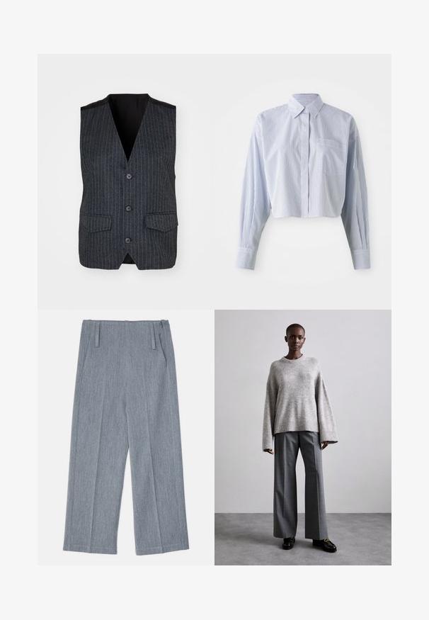 Grijze vest met verticale streepjes, een V-hals, een vijfknopenfront, twee voorzakken en een zwarte satijnen voering.; Kort shirt in blauw-witte verticale strepen, met een puntige kraag, lange mouwen en een voorzak. Gladde katoen textuur.; Lichtgrijze, wijde broek van textuurstof, voorzien van twee voorplooien en twee zijzakken. Strak, op maat gemaakt ontwerp.; Grijze gebreide trui met brede mouwen en geribbelde onderrand, gecombineerd met hoge grijze broeken met een subtiel ruitenpatroon en zwarte loafers.