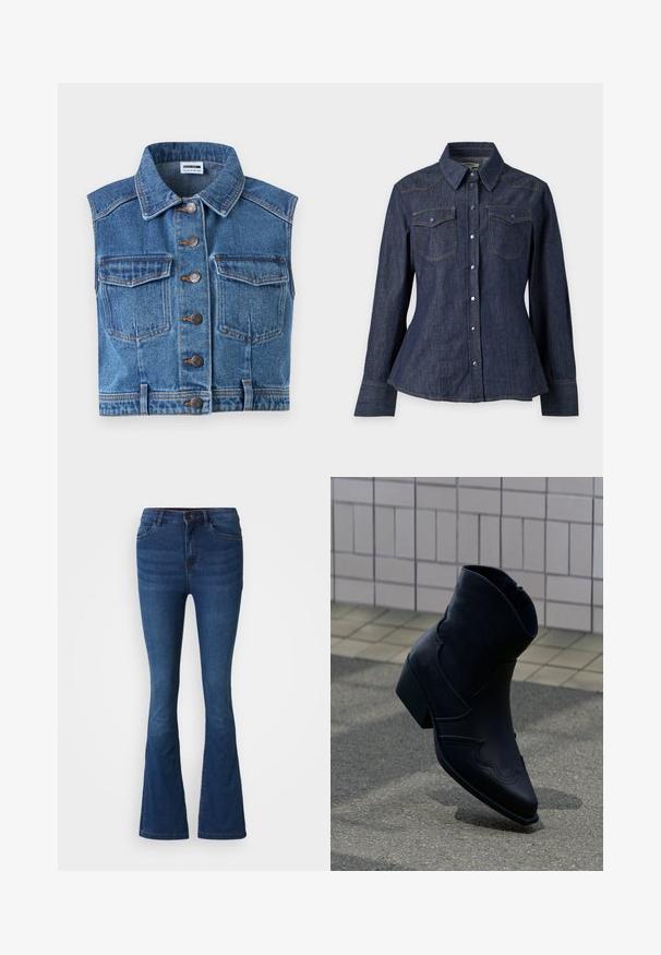 Denimvest met kraag, knoopsluiting en twee borstzakken. Heeft blauwe stof met een verweerde textuur en contrasterende oranje stiksels.; Donkerblauw denim overhemd met knopen, lange mouwen, borstflapzakken en een puntige kraag op een effen achtergrond.; Donkerblauwe spijkerbroek met flared pijpen, met voor- en achterzakken, knoop- en ritssluiting, en vervaagde details op de dijen en knieën.; Zwarte leren enkellaars met lage hak, decoratieve stiksels en puntige neus, rechtop geplaatst op een betegelde ondergrond naast een betegelde muur.