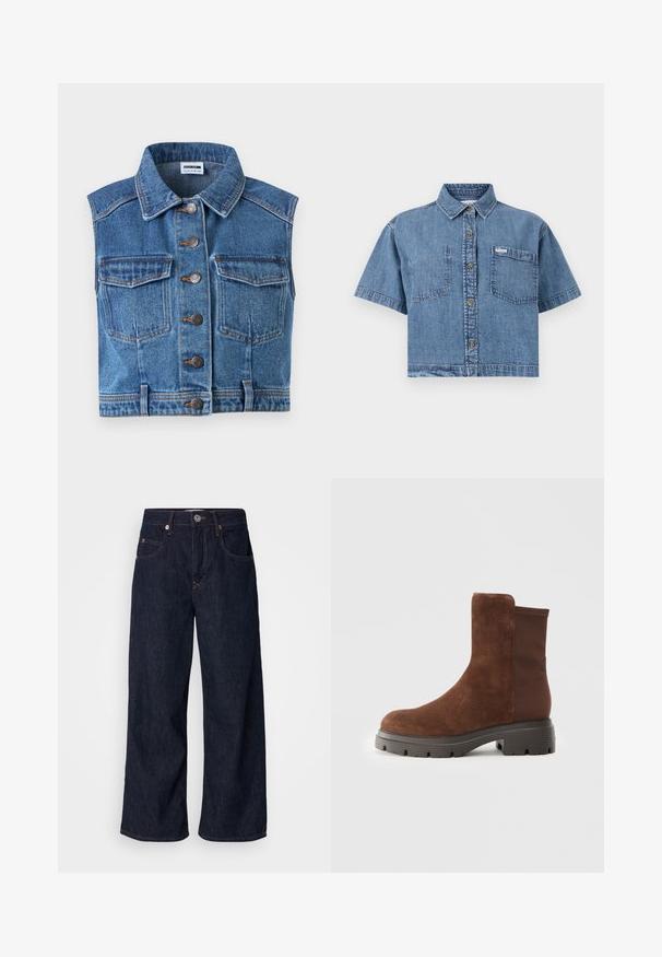 Denimvest med krave, knaplukning og to brystlommer. Har blåt stof med en slidt tekstur og kontrasterende orange syninger.; Lysblå, cropped denimskjorte med korte ærmer, knaplukning foran, to brystlommer og et lille mærke på venstre lomme.; Bredde denimjeans i mørkeblå, med høj talje, to forlommer, knaplukning og kontrasterende syninger.; Brun ruskindsankelstøvle med elastiske sidepaneler, rund tå og en tyk gummisål med en struktureret slidbane.