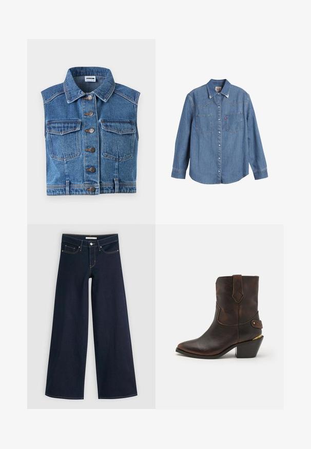 Jeansweste mit Kragen, Knopfverschluss und zwei Brusttaschen. Enthält blauen Stoff mit abgenutzter Textur und kontrastierenden orangefarbenen Nähten.; Hellblaues Denim-Hemd mit langen Ärmeln, spitzem Kragen, zwei Brusttaschen und kontrastierenden Nähten. Verfügt über ein Design mit Westernstil-Yoke.; Weite Jeans aus dunkelblauem Denim mit orangefarbenen Nähten, Knopfverschluss, zwei vorderen Taschen und einer glatten Textur. Verfügt über einen sauberen Saum.; Braune Leder-Cowboystiefel mit spitzer Zehe und gestapeltem Absatz. Verfügt über ein dekoratives Diamantmuster und einen Riemen mit Hardware-Akzenten.