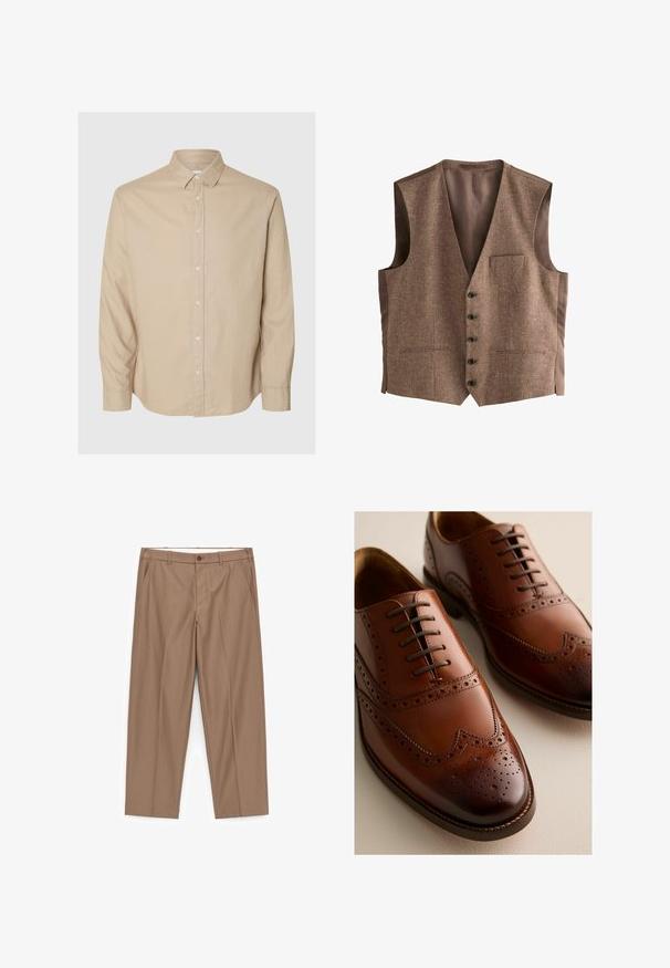 Bruin gestructureerd vest met een gladde bruine voering, voorzien van een V-hals, zes zwarte knopen en twee voorzakken.; Selected Flannel - Overhemd - pure cashmeredetail:mixed w. oatmeal; Beige recht gesneden herenkledingbroek met lussen voor een riem, een knoop aan de voorkant, een ritssluiting en zijzakken, plat uitgestald op een witte achtergrond.; Gepolijste bruine leren Oxford schoenen met brogue-details en gesloten vetersluiting op een lichte ondergrond, zichtbaar van voor- en zijkant.