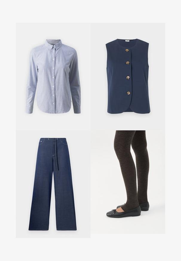 Veste sans manches bleu marine avec encolure arrondie et quatre grands boutons marron sur le devant, sur fond uni.; Chemise à boutons en bleu et blanc à rayures verticales ; manches longues, col et une texture en coton lisse avec un ourlet droit.; Pantalon en denim à jambes larges, couleur bleu foncé, avec une taille à cordon, des poches avant et des coutures blanches contrastantes.; Jambes portant des leggings côtelés foncés associés à des ballerines noires avec de petits détails en nœud sur fond blanc.