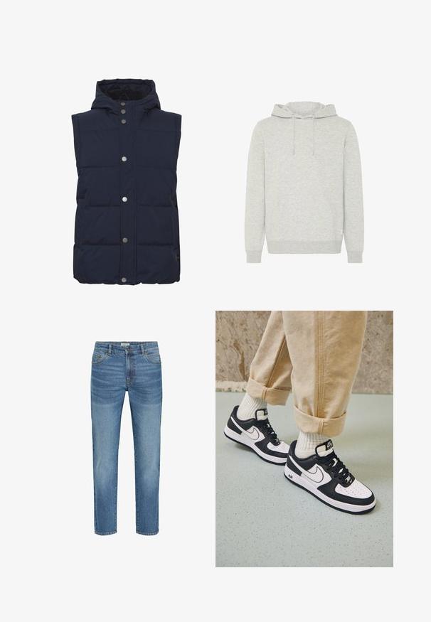 Navy gefütterte Weste mit Kapuze, Druckknopfverschluss und gestepptem Muster. Hergestellt aus glattem, isoliertem Material für Wärme.; Grau Hoodie aus weichem Stoff mit einer vorderen Kängurutasche, Kapuze mit Kordelzug sowie gerippten Bündchen und Saum. Hat eine dezente melierte Textur.; Hellblaue Jeans aus Denim mit klassischem geradem Bein, ausgestattet mit fünf Taschen, Metallknopfverschluss und leichtem Verblassen des Stoffes.; Schwarz-weiße Nike Air Force 1 Sneaker mit einem Obermaterial aus Leder, perforierter Zehenpartie und strukturiertem Sohlendesign, getragen mit aufgerollten beigen Hosen und weißen Socken.