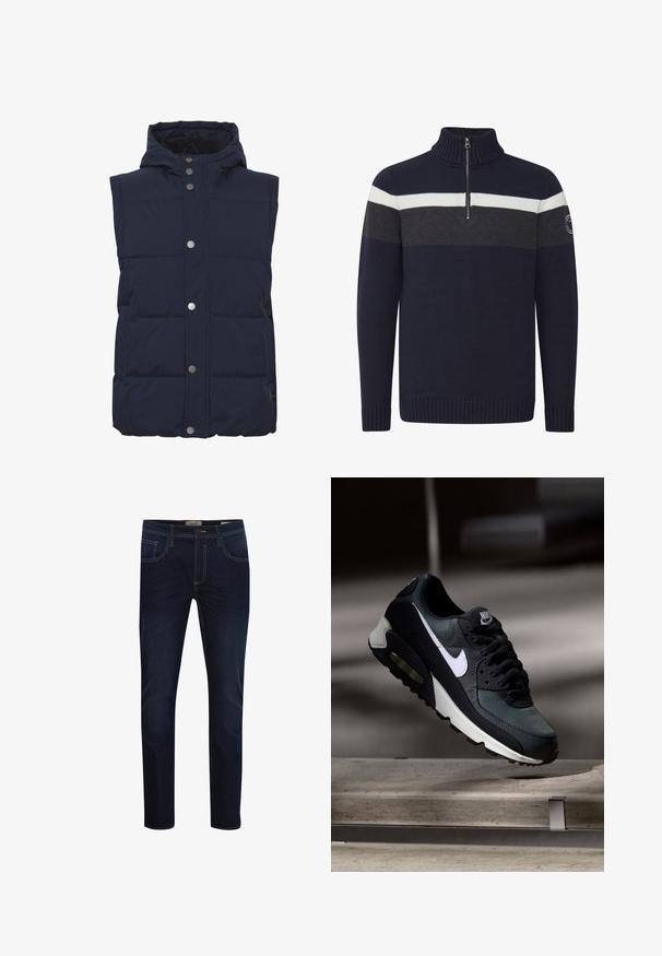Chaleco acolchado azul marino con capucha, cierre de botones a presión y patrón acolchado. Fabricado con material suave e insulated para mayor calidez.; Suéter de punto azul marino con cuello alto y cremallera frontal. Presenta franjas horizontales en gris y blanco, y puños y dobladillo acanalados.; Pantalones vaqueros de mezclilla azul oscuro con un corte ajustado, que presentan costuras amarillas, diseño de cinco bolsillos y cierre de cremallera. Textura suave, corte moderno.; Zapatilla Nike Air Max negra y gris con el logo blanco, suspendida sobre una superficie de cemento contra un fondo oscuro y desenfocado.