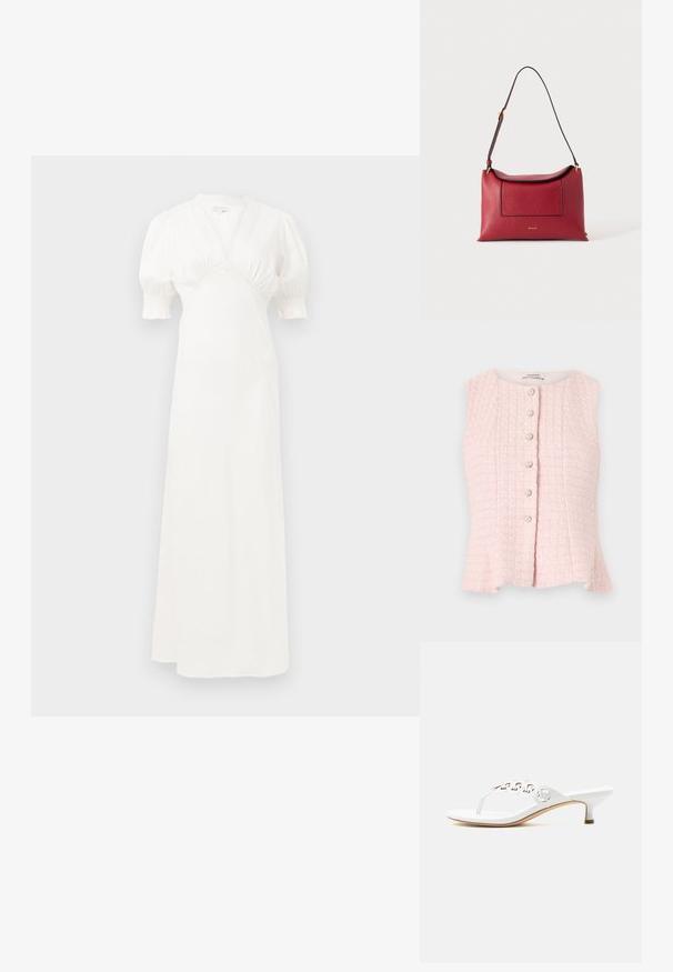 Mouwloze lichtroze blouse met textuur, ronde halslijn en zes parelknopen middenvoor.; Witte maxi-jurk met pofmouwen, diepe V-hals en geplooide taille details. Soepele stof met een subtiele glans. Geen zichtbare sluitingen of patronen.; Witte sandalen met hak en teenriempje met cirkelvormige gouden decoratieve accenten langs het riempje, op een lichte achtergrond.; Rode leren schoudertas met zwarte rand, een voorvak en een verstelbare schouderriem tegen een effen witte achtergrond.
