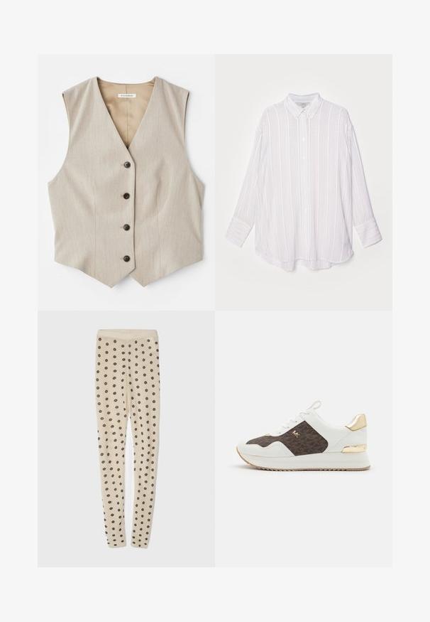 Gilet beige en tissu texturé, décolleté en V, et cinq boutons foncés. Présente un ourlet droit et sans manches pour un look ajusté.; Chemise blanche à manches longues avec des rayures verticales gris clair, col boutonné et poignets retournés. Tissu doux avec une coupe légèrement oversize.; Leggings beiges au toucher doux, ornées d'un motif de petites fleurs sombres sur l'ensemble. Taille élastique pour un ajustement confortable.; Baskets blanches avec un panneau en tissu à motif marron, accents en métal doré, bout rond, design à lacets et semelle en caoutchouc texturé.