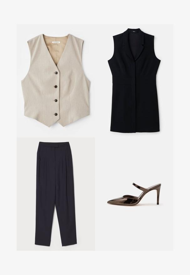 Chaleco beige con un tejido texturizado, escote en forma de V y cinco botones oscuros. Presenta un dobladillo recto y sin mangas para un look ajustado.; Vestido blazzer negro sin mangas con un corte entallado, que cuenta con un cuello con muescas y un cierre frontal único. Tejido suave y diseño minimalista.; Pantalones de color azul marino oscuro, fabricados en un tejido suave, con pliegues y un diseño de pierna recta, cintura estándar y bolsillos laterales.; Mule de tacón alto de punta estrecha de color marrón oscuro brillante con una tira delgada sobre el empeine sobre un fondo blanco liso.