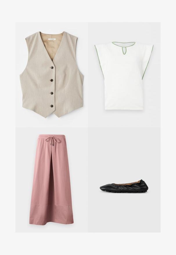 Chaleco beige con un tejido texturizado, escote en forma de V y cinco botones oscuros. Presenta un dobladillo recto y sin mangas para un look ajustado.; Top blanco de manga corta con ribete verde alrededor del cuello, los bordes de las mangas y un pequeño recorte en forma de ojo de cerradura bajo el cuello.; Pantalones de pierna ancha en rosa empolvado con cintura elástica y cordón delantero, elaborados con tela suave y detalle de dobladillo ancho.; Bailarina de cuero negro con detalles fruncidos en el cuello, punta redondeada y suela de goma flexible. Textura suave en toda su superficie.