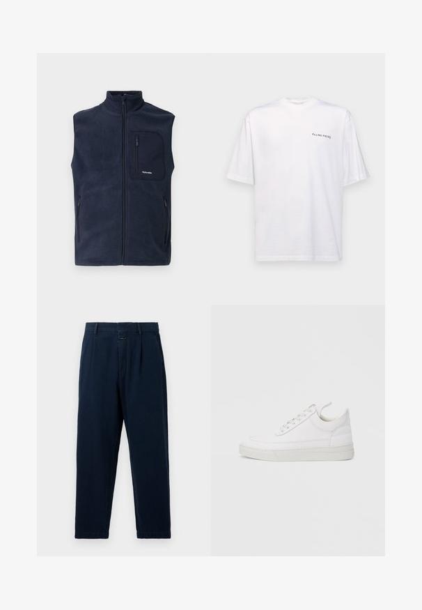 Marineblå fleecevest med høj krave, fuld lynlås foran og to sidelommer. Har en brystlomme med lynlås og logodetalje.; Hvid kortærmet t-shirt i bomuld med v-hals, med et sort "FILLING PIECES" logo trykt på venstre side.; CLOSED BLOMBERG - Baggy jeans - dark blue; Hvid lædersneaker med rundet tå, flad sål og snørebånd foran. Har syningsdetaljer og polstret krave for komfort.